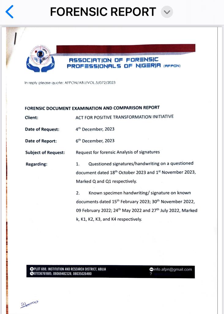 FORENSIC EXPERTS CONFIRMED SIGNATURE FORGERY OF AKEREDOLU - Germane ...